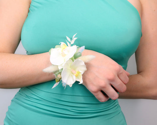 White Orchid & Crystal Wrist Corsage