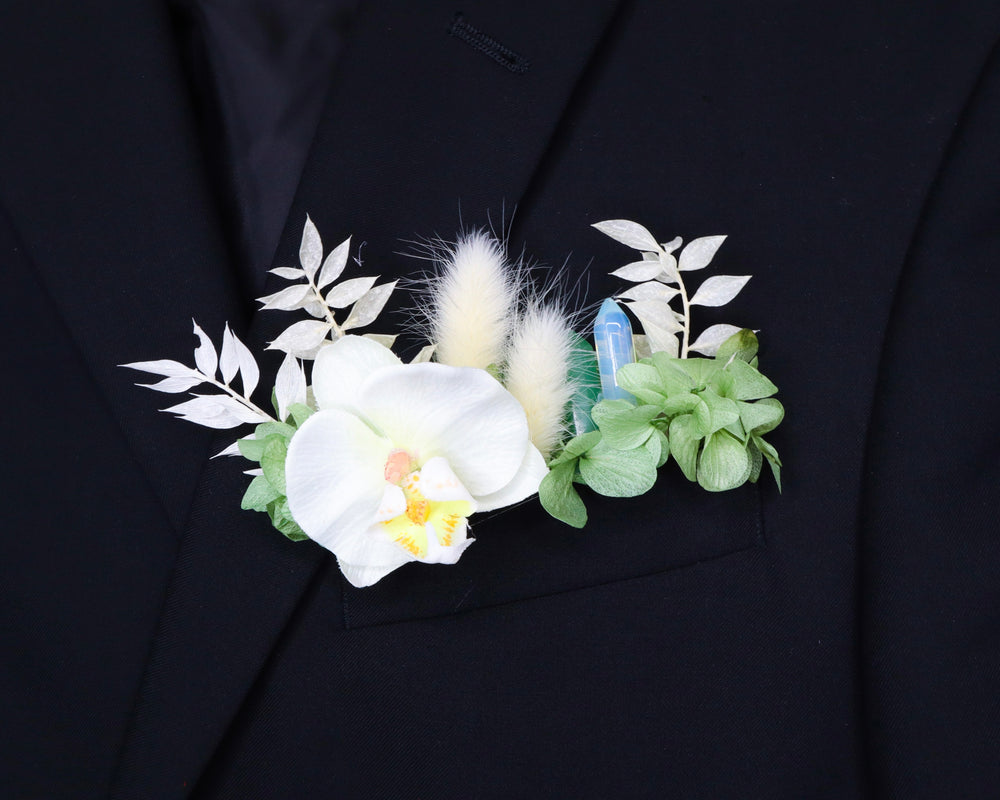 White Orchid & Crystal Pocket Boutonnière